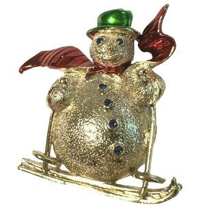 Vtg Christmas Brooch Pin Snowman Skier Rhinestone eyes buttons Holiday Signed‎